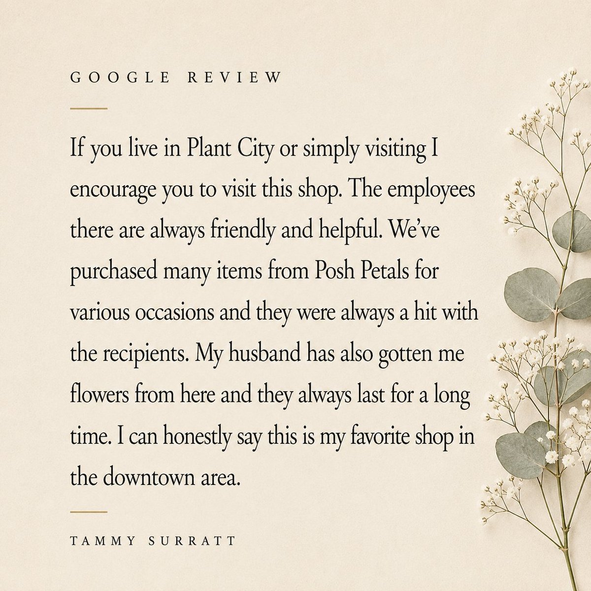 Google review from Tammy Surratt praising Posh Petals flower shop in Plant City for friendly service and quality flowers