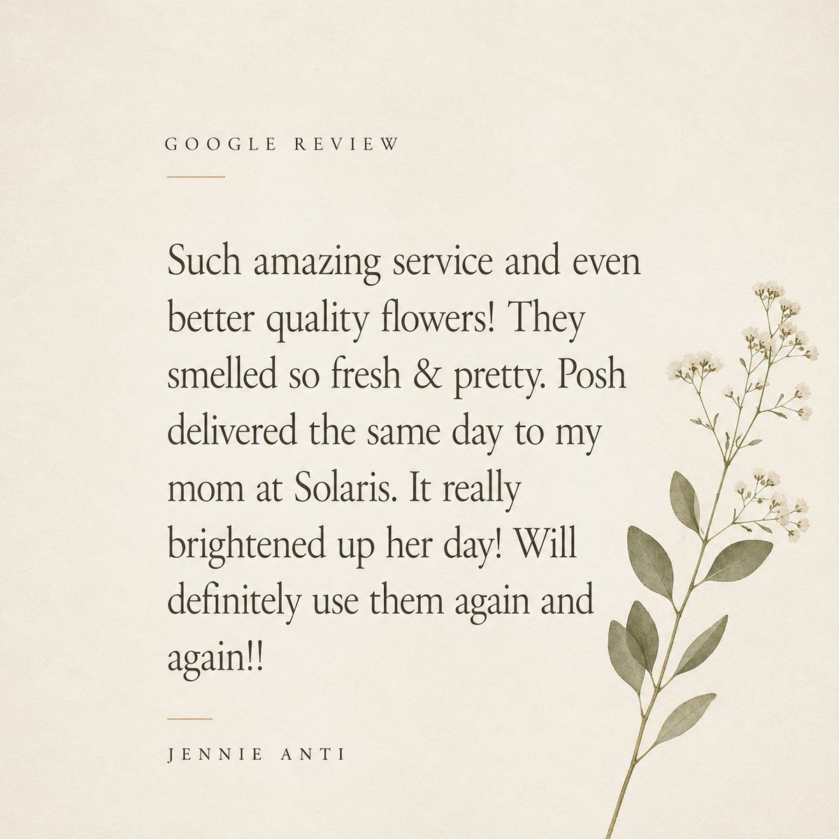 Google review praising flower delivery service with delicate botanical illustration on cream background